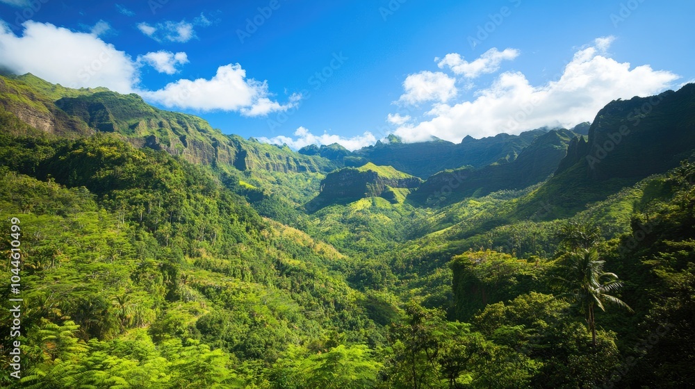 Lush Tropical Mountain Landscape Under Blue Sky Lush Tropical Mountain Landscape Under Blue Sky