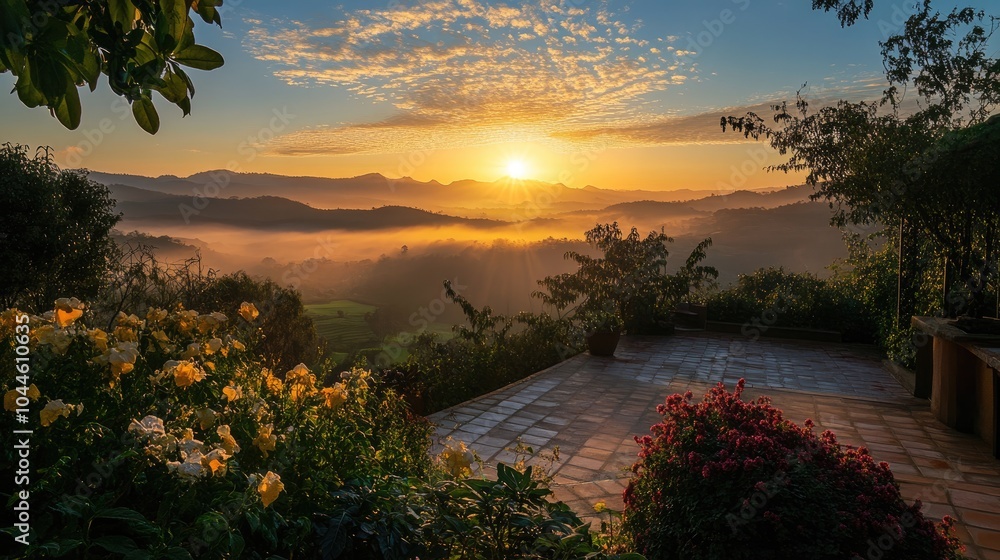 Fototapeta premium Stunning sunrise illuminating the undulating hills viewed from a serene terrace