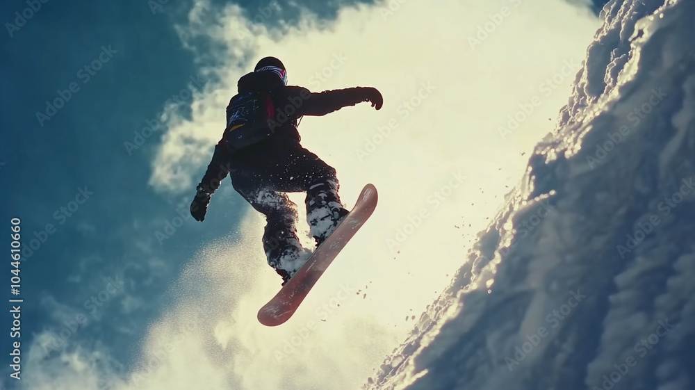 A snowboarder performs a jump against a bright snowy backdrop on a crisp winter day A snowboarder performs a jump against a bright snowy backdrop on a crisp winter day