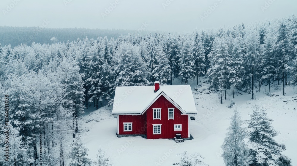 Red house blanketed in snow amid a snowy forest landscape Red house blanketed in snow amid a snowy forest landscape