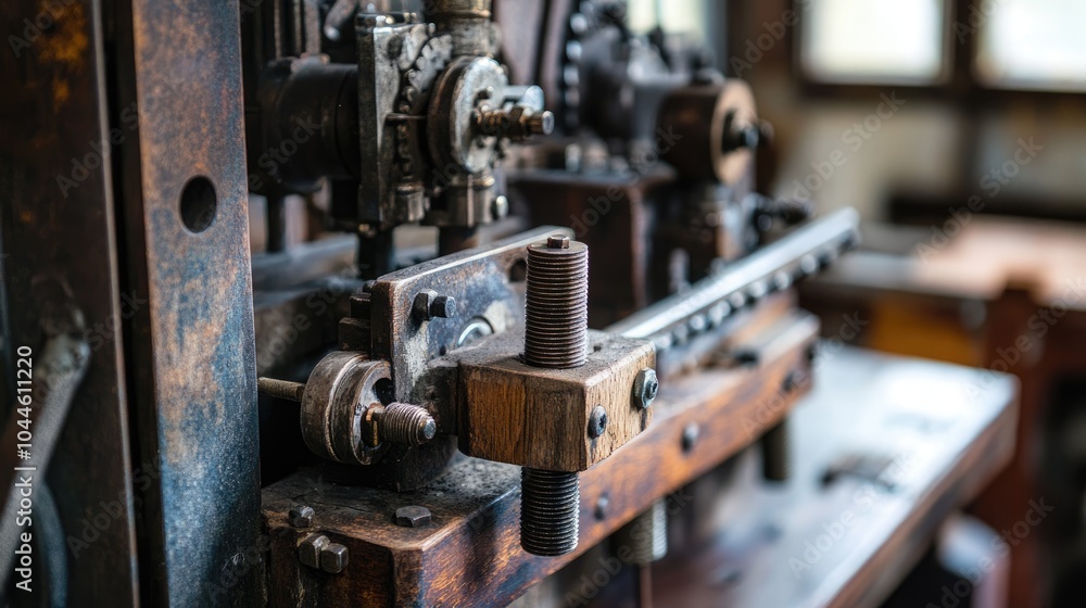 Antique Industrial Machinery Featuring Wooden and Metal Components in a Work Environment Antique Industrial Machinery Featuring Wooden and Metal Components in a Work Environment