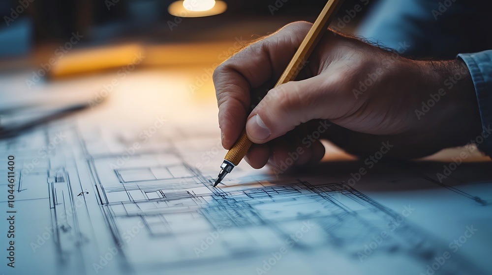 Architect's hand drawing blueprints with a pencil. Architect's hand drawing blueprints with a pencil.