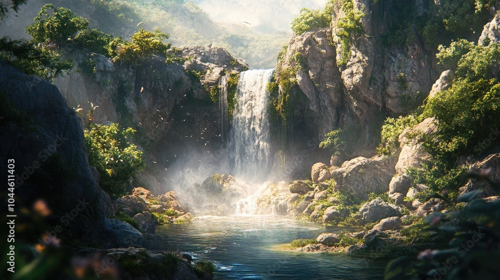 Serene Waterfall in Lush Green Landscape Serene Waterfall in Lush Green Landscape