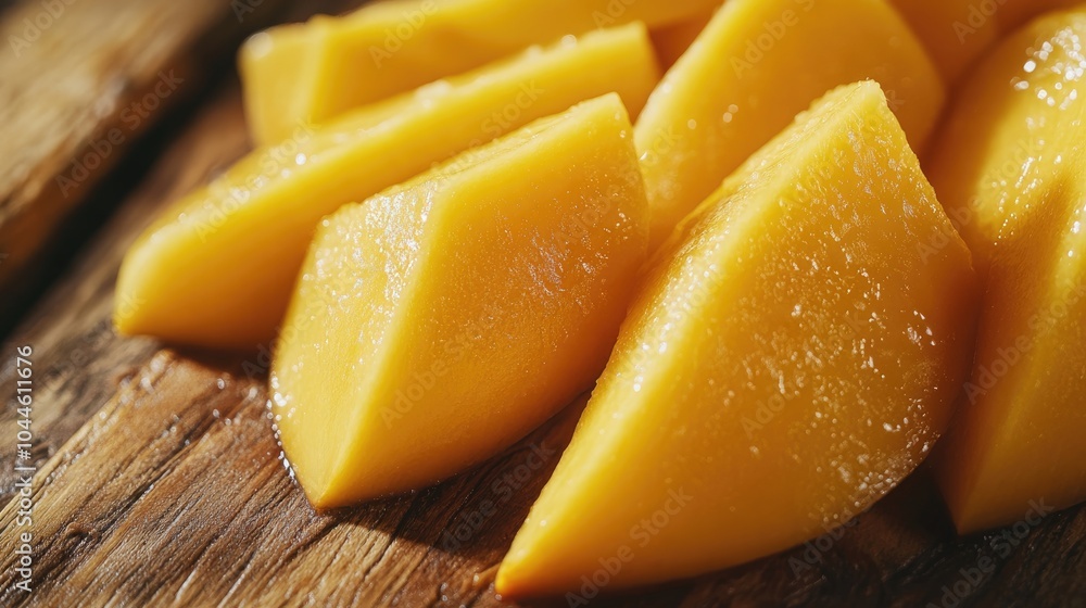 Alphonso mango slices on a wooden surface captured with selective focus Alphonso mango slices on a wooden surface captured with selective focus