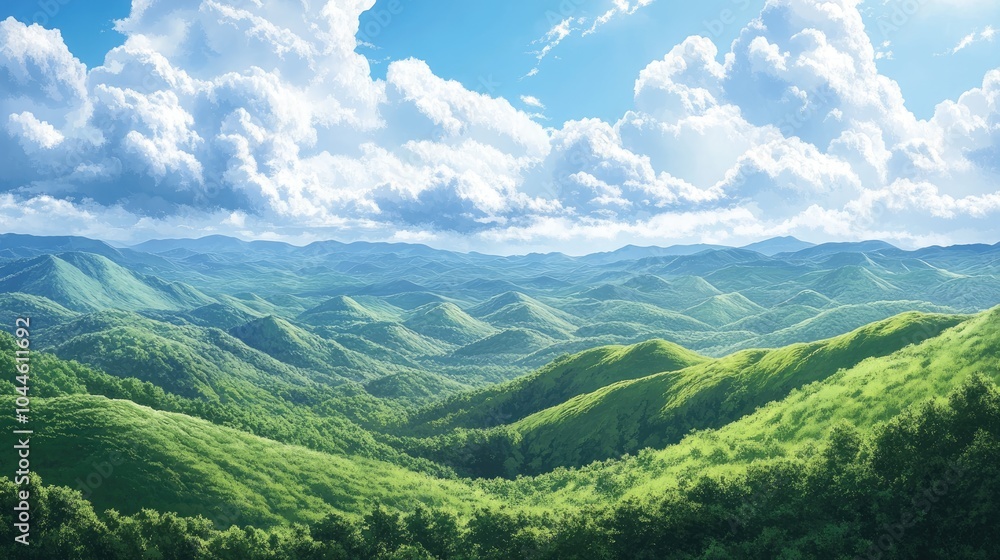 A sweeping expanse of lush green hills gracefully rises and falls beneath a clear blue sky adorned with soft white clouds evoking a peaceful ambiance A sweeping expanse of lush green hills gracefully rises and falls beneath a clear blue sky adorned with soft white clouds evoking a peaceful ambiance
