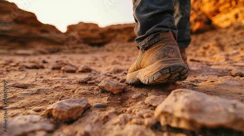 Close-up of a shoe stepping on a sandy, rocky desert floor, capturing the sense of rugged exploration in a natural landscape.