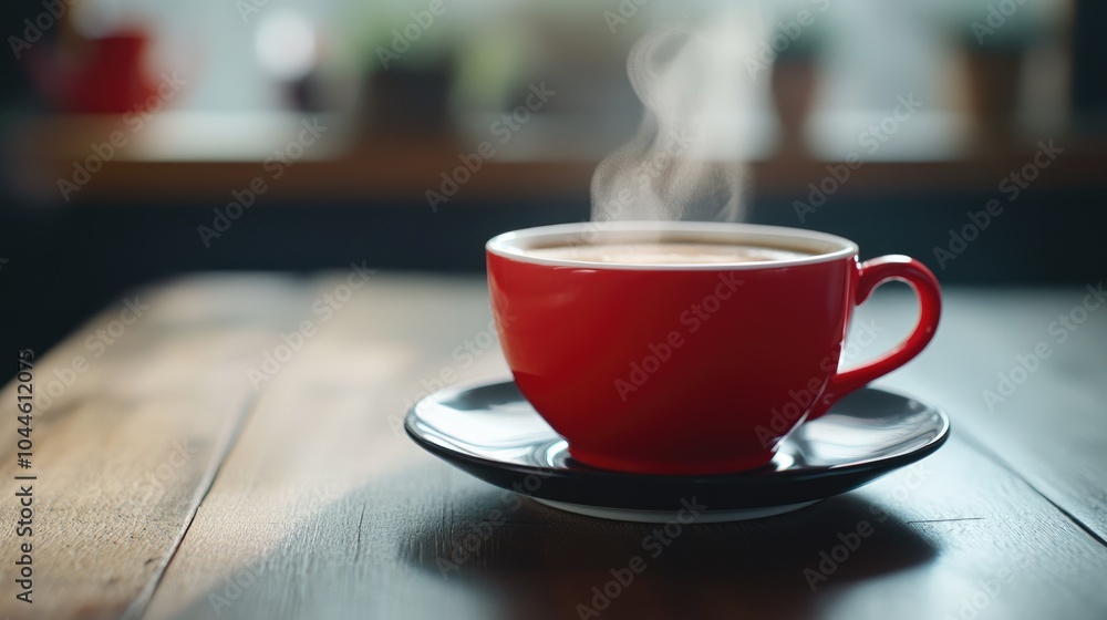 Morning tranquility Close up of a steaming red tea cup on a wooden surface A healthy beginning with herbal infusion Classic elegance of a white porcelain cup on a black saucer Morning tranquility Close up of a steaming red tea cup on a wooden surface A healthy beginning with herbal infusion Classic elegance of a white porcelain cup on a black saucer