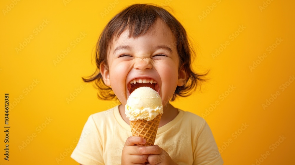 A kid eating a cone ice cream with very happy laughing face looking into the camera A kid eating a cone ice cream with very happy laughing face looking into the camera