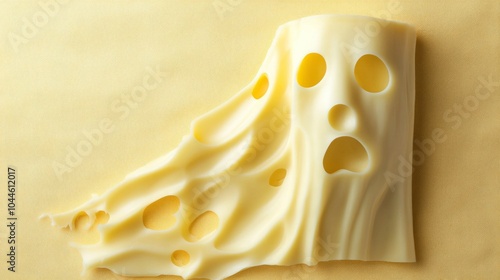 A unique cheese piece shaped like a ghost, featuring surprised expressions and holes, artfully arranged for a creative Halloween platter in a cozy kitchen photo