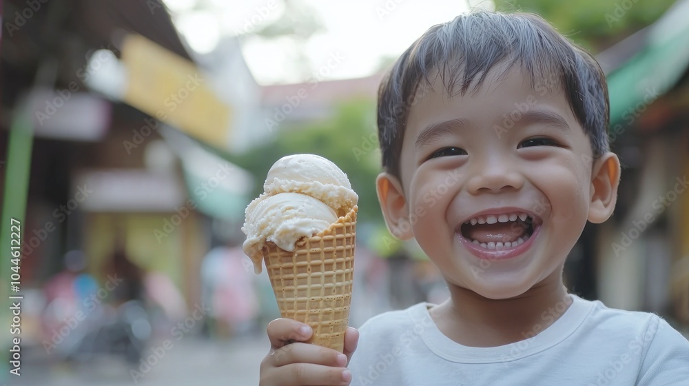 A kid eating a cone ice cream with very happy laughing face looking into the camera A kid eating a cone ice cream with very happy laughing face looking into the camera