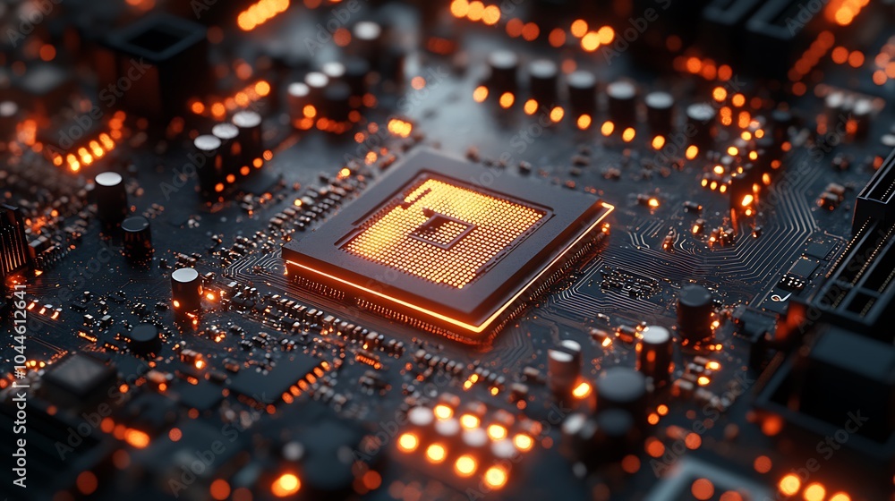 Close up of a glowing CPU on a computer motherboard. Close up of a glowing CPU on a computer motherboard.