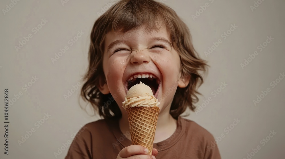 A kid eating a cone ice cream with very happy laughing face looking into the camera A kid eating a cone ice cream with very happy laughing face looking into the camera