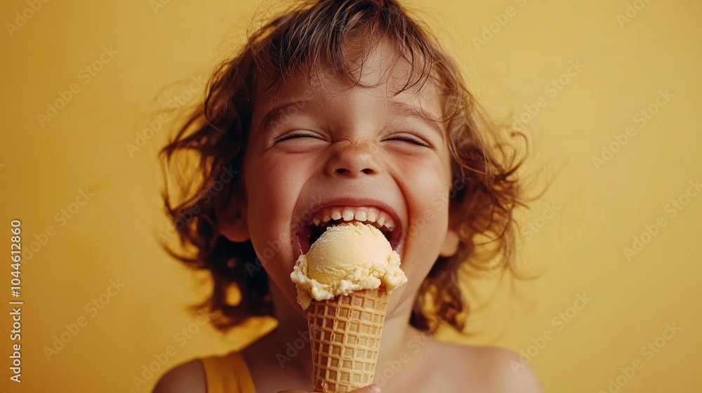 A kid eating a cone ice cream with very happy laughing face looking into the camera A kid eating a cone ice cream with very happy laughing face looking into the camera