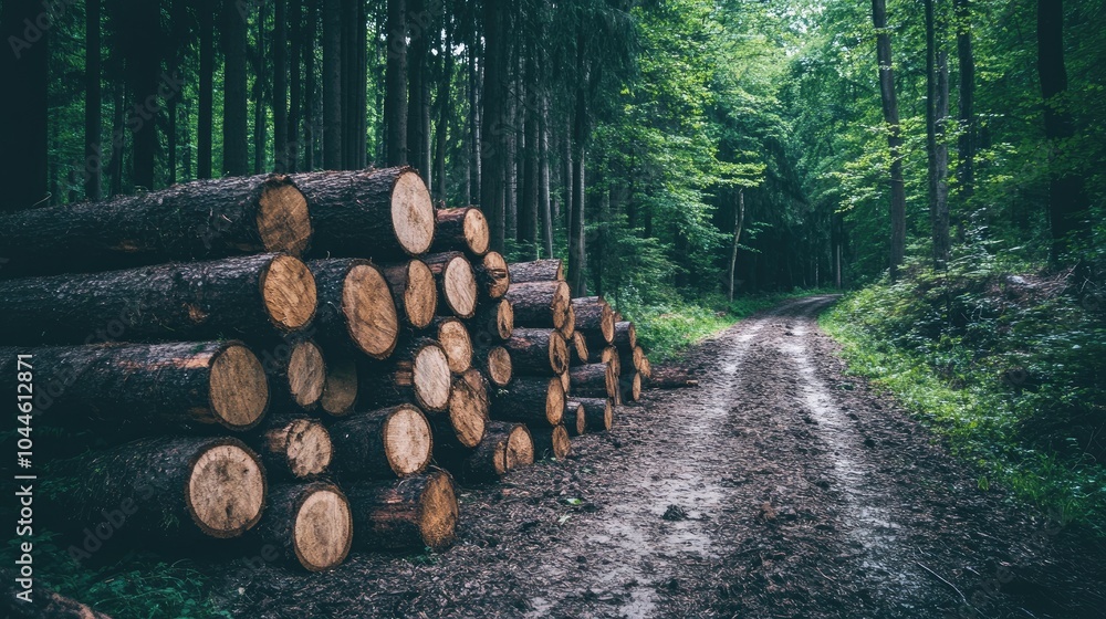 A pile of logs arranged alongside a woodland path prepared for transportation or processing Symbolizing the impact of forest destruction A pile of logs arranged alongside a woodland path prepared for transportation or processing Symbolizing the impact of forest destruction