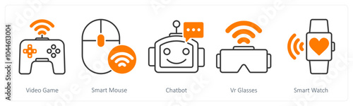 A set of 5 Technology icons as video game, smart mouse, chatbot