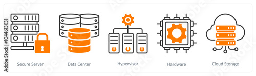 A set of 5 Technology icons as secure server, data center, hypervisor photo