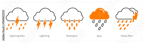 A set of 5 Weather icons as lightning rain, lightning, downpour