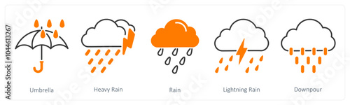 A set of 5 Weather icons as umbrella, heavy rain, rain