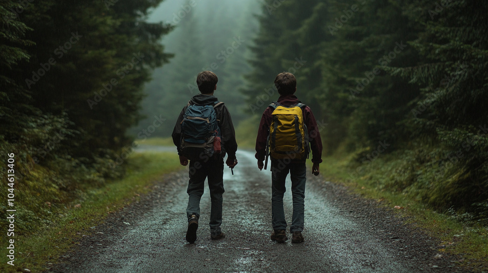 Obraz premium Two hikers exploring a misty forest trail during National Hiking Day in autumn