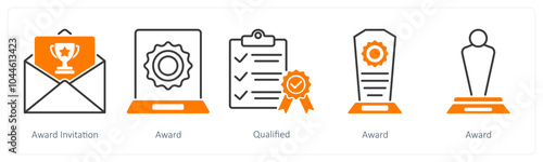 A set of 5 Award icons as award invitation, award, qualified