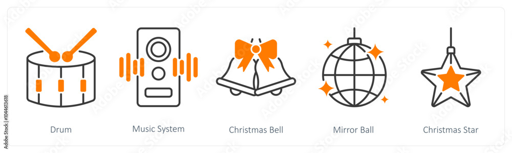 Fototapeta premium A set of 5 Christmas icons as drum, music system, christmas bell