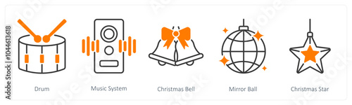 A set of 5 Christmas icons as drum, music system, christmas bell