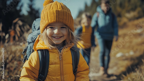 Happy child hiking on National Hiking Day wearing a bright yellow jacket and orange hat