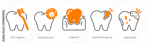 A set of 5 Dental Care icons as oral hygiene, tooth bacteria, gingivitis