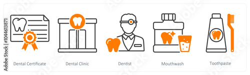 A set of 5 Dental Care icons as dental certificate, dental clinic, dentist