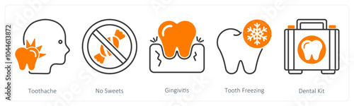 A set of 5 Dental Care icons as toothache, no sweets, gingivitis