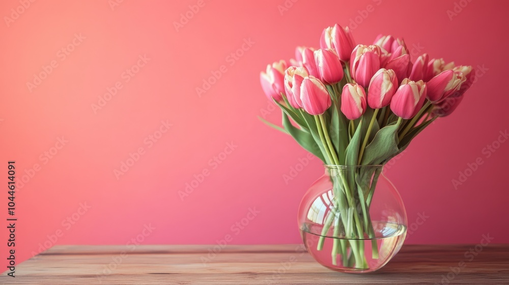 Wooden table featuring a glass vase filled with tulip flowers against a blank coral wall Interior background with ample room for text Wooden table featuring a glass vase filled with tulip flowers against a blank coral wall Interior background with ample room for text