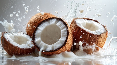 Artistic Arrangement of Whole Coconuts with Splashes