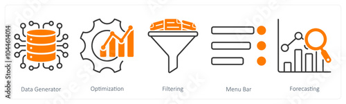 A set of 5 Diagram icons as data generator, optimization, filtering