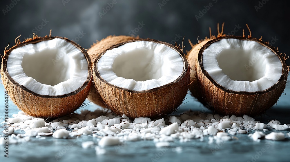 Close-up of Coconut Halves on Table Close-up of Coconut Halves on Table