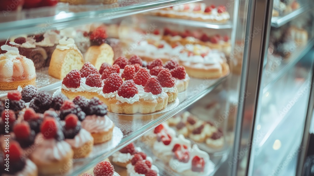 Delicious pastries featuring berries displayed in a candy shop Glass stand filled with cake eclairs and tartlets alongside refrigerator shelves of sweets in a confectionery setting Delicious pastries featuring berries displayed in a candy shop Glass stand filled with cake eclairs and tartlets alongside refrigerator shelves of sweets in a confectionery setting