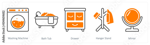 A set of 5 Furniture icons as washing machine, bath tub, drawer