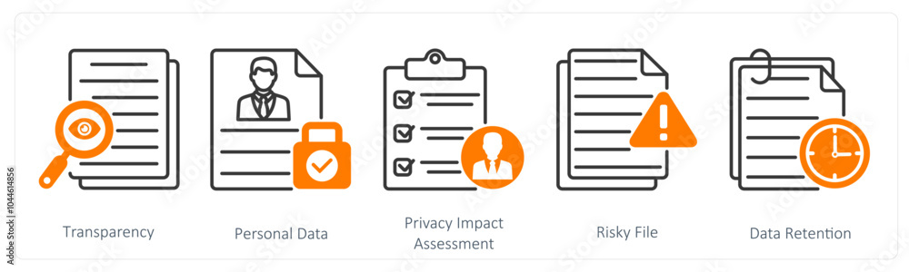 A set of 5 GDPR icons as transparency, personal data, privacy impact assessment A set of 5 GDPR icons as transparency, personal data, privacy impact assessment