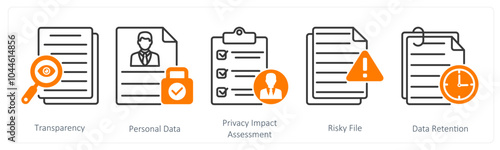 A set of 5 GDPR icons as transparency, personal data, privacy impact assessment