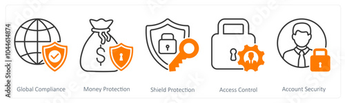 A set of 5 GDPR icons as global compliance, money protection, shield protection