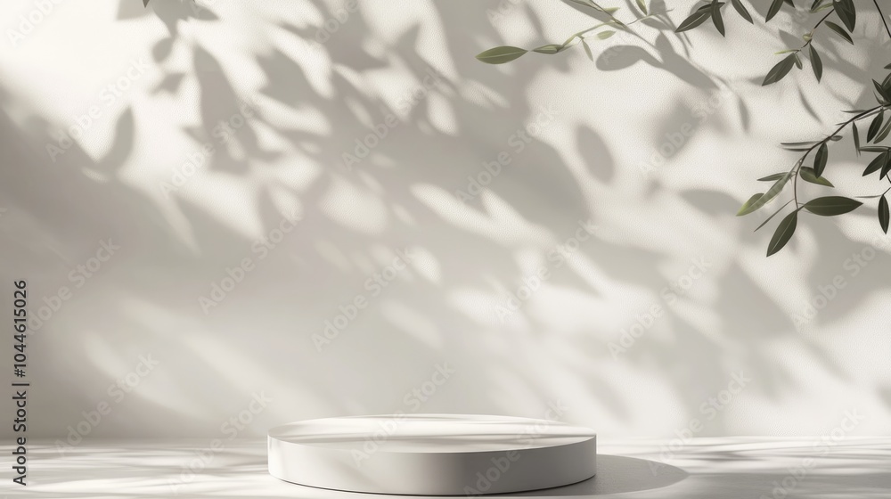 Minimalist nature scene featuring a simple white podium on a gray background accompanied by soft plant leaf shadows ideal for showcasing cosmetic products and packaging mockups Minimalist nature scene featuring a simple white podium on a gray background accompanied by soft plant leaf shadows ideal for showcasing cosmetic products and packaging mockups