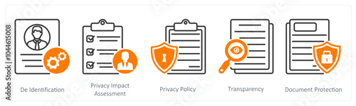 A set of 5 GDPR icons as de identification, privacy impact assessment, privacy policy