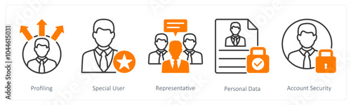 A set of 5 GDPR icons as profiling, special user, representative