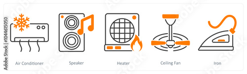A set of 5 Home Appliances icons as air conditioner, speaker, heater