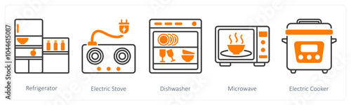 A set of 5 Home Appliances icons as refrigerator, electric stove, dishwasher