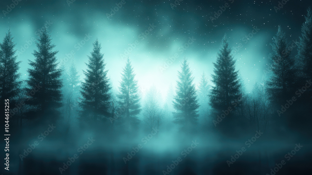Mysterious forest at night with fog and silhouettes of pine trees, creating ethereal atmosphere under starry sky Mysterious forest at night with fog and silhouettes of pine trees, creating ethereal atmosphere under starry sky