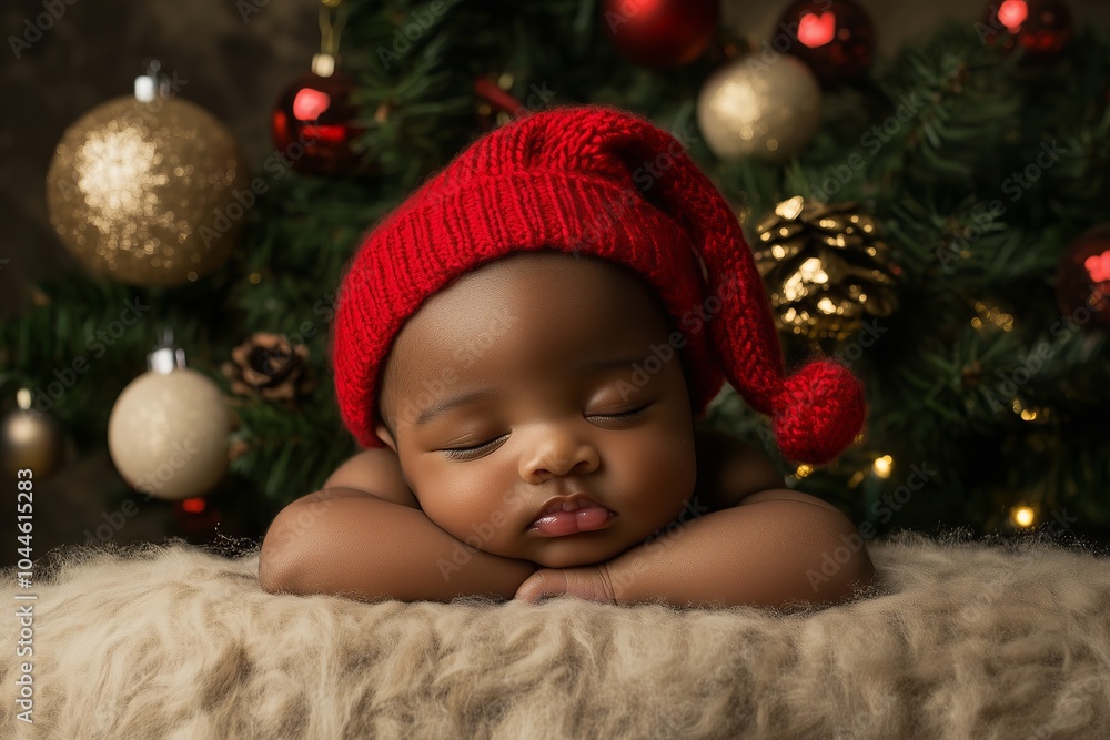 Adorable baby peacefully sleeping in a red knit hat, surrounded by festive Christmas decorations and soft lighting. Adorable baby peacefully sleeping in a red knit hat, surrounded by festive Christmas decorations and soft lighting.