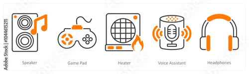 A set of 5 Home Appliances icons as speaker, game pad, heater
