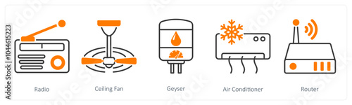 A set of 5 Home Appliances icons as radio, ceiling fan, geyser