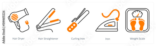 A set of 5 Home Appliances icons as hair dryer, hair straightener, curling iron