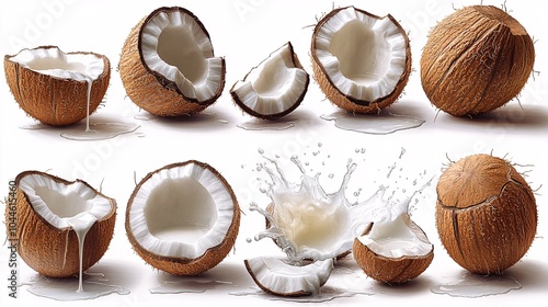 Coconuts Splashed with Milk from Different Angles